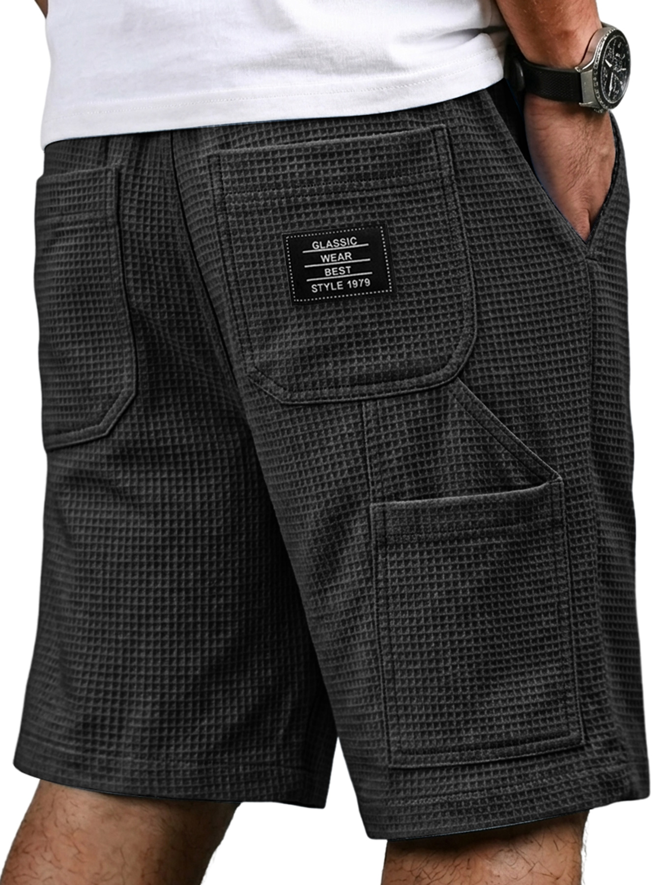 Men's Waffle-patterned Multi-pocket Embroidered Logo Casual Cargo Shorts