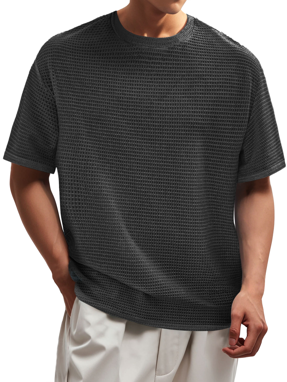 Men's Waffle Everyday Round Neck Casual Solid Color Short Sleeve T-Shirt