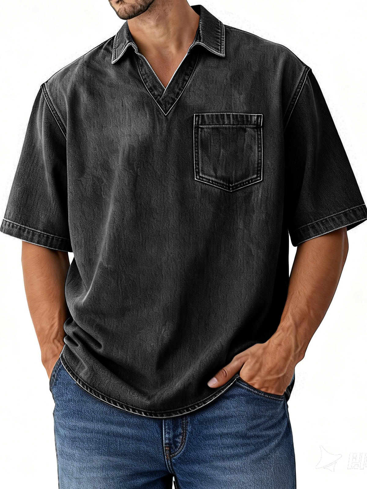 Men's Retro Distressed V-Neck Pocket Short-Sleeve Polo Shirt