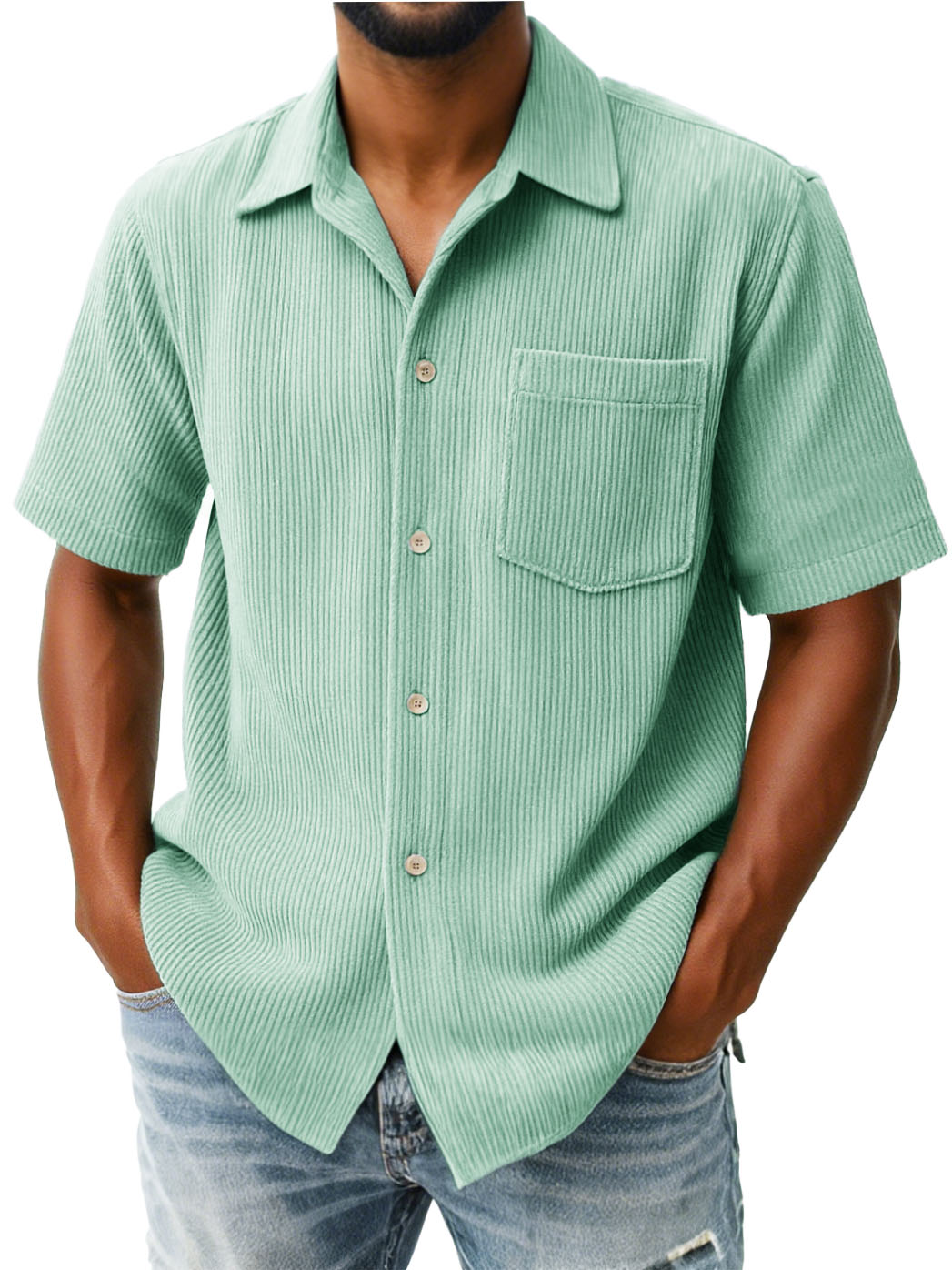 Men's Fashion Casual Ribbed Fabric Pocket Short-Sleeved Lapel Shirt