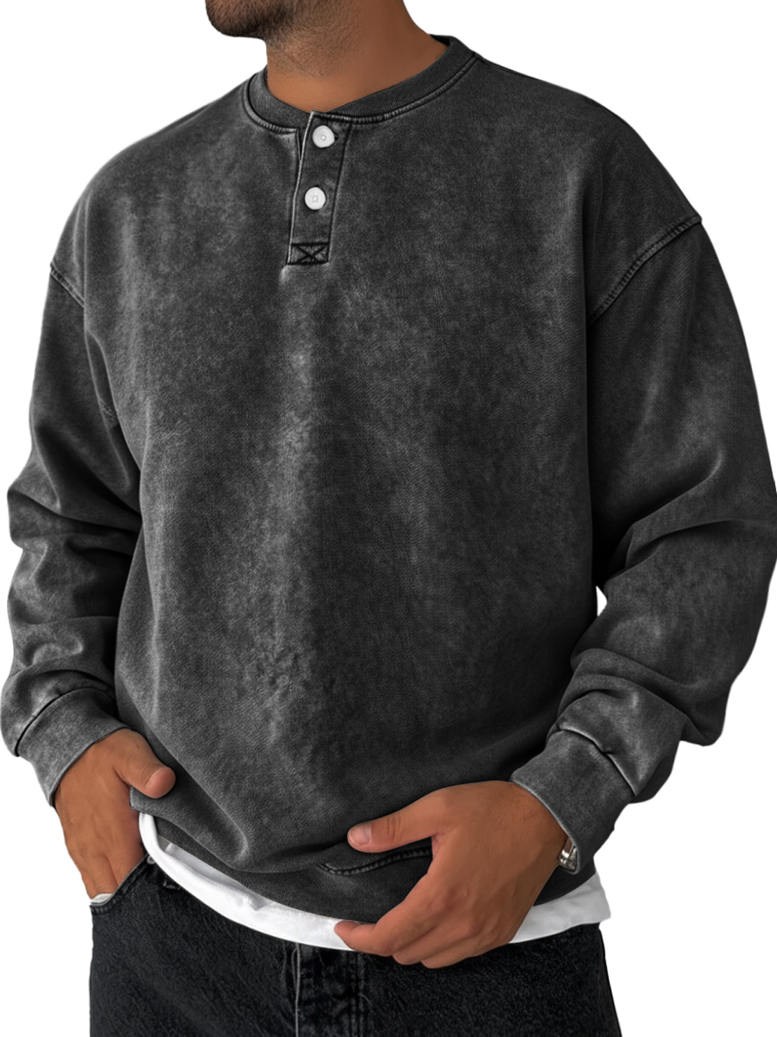 Men's Retro Solid Color Casual Loose Henley Sweatshirt