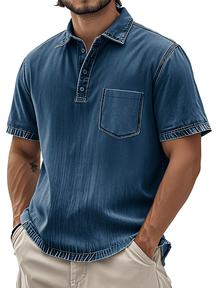 Men's Fashion Retro Washed Cotton Lapel Pocket Polo Shirt