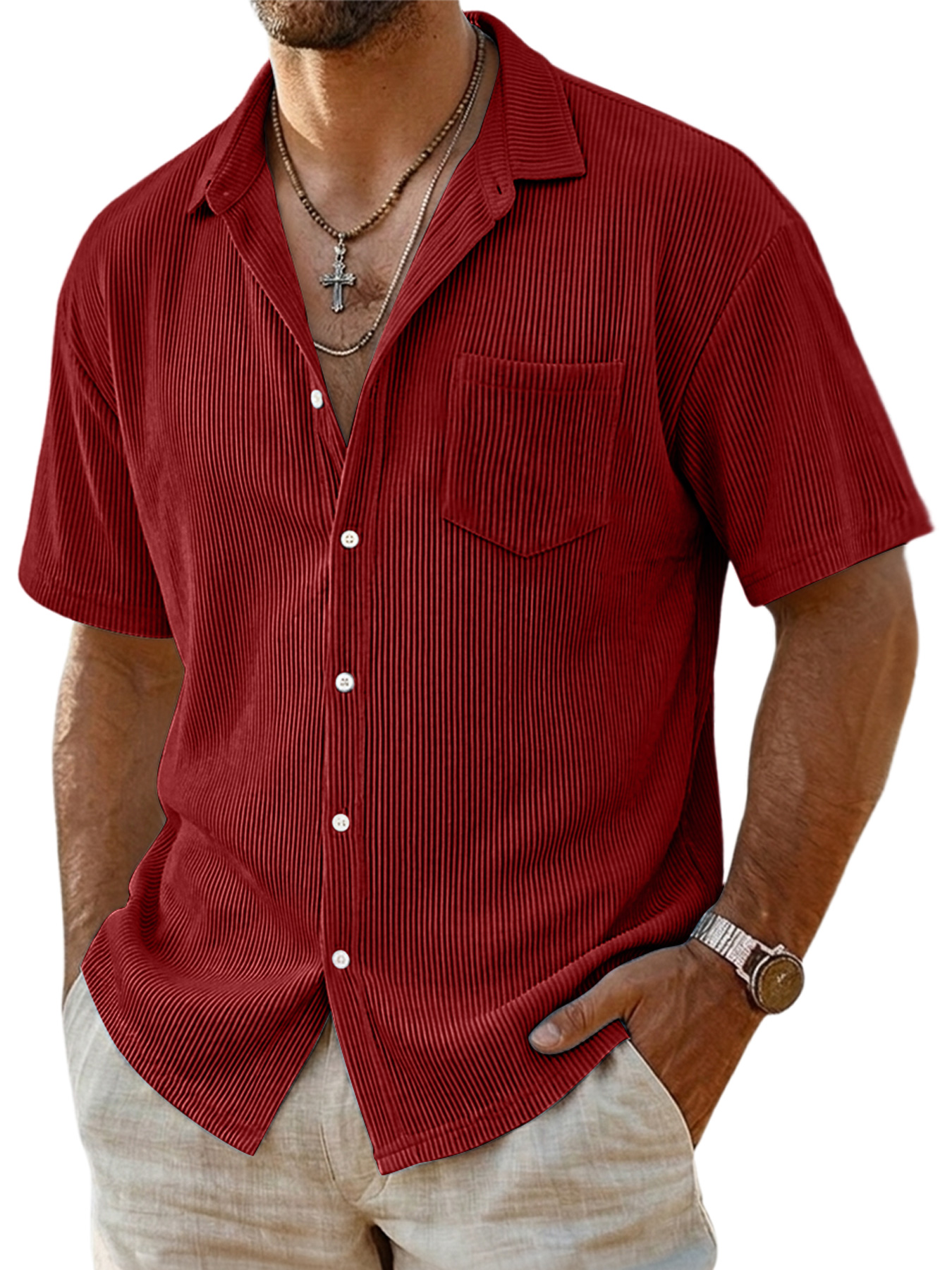 Men's Casual Ribbed Pocket Short-sleeved Shirt