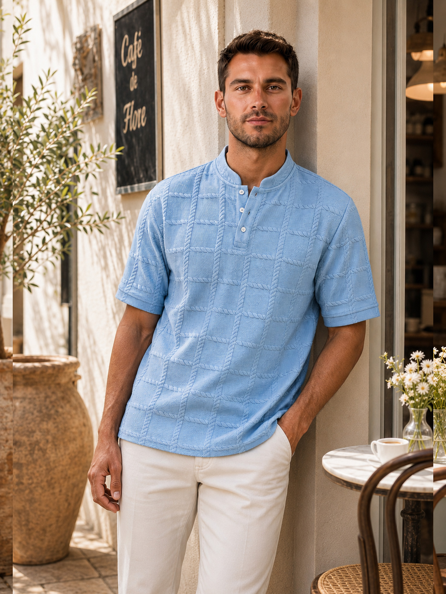 Men's Casual Textured Stand-Collar Button-Front Solid-Color Short-Sleeve Henley Shirt