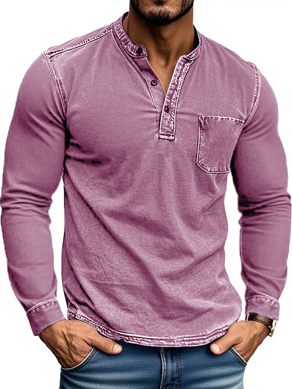 Men's Stylish Retro Outdoor Distressed Pocket Stand Collar Long-sleeved Henley Shirt
