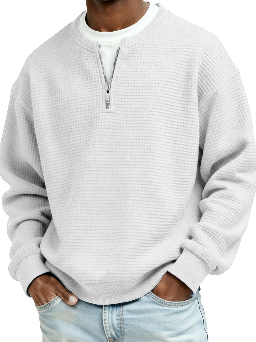 Men's Casual Faux Two-Piece Waffle Fabric Zipper Long-Sleeve Top