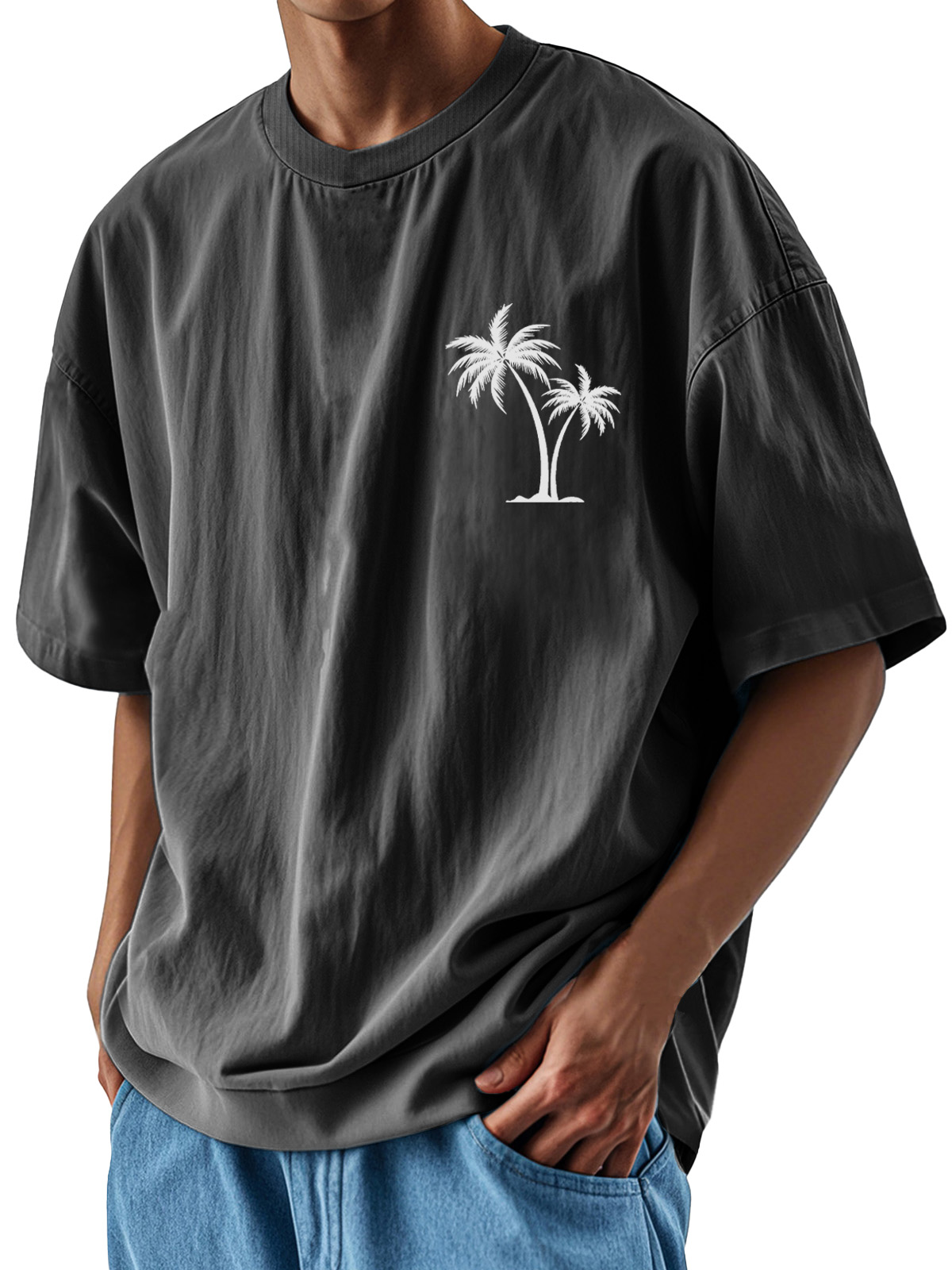 Men's Fashion Casual Loose Pocket Coconut Print Short Sleeve T-Shirt