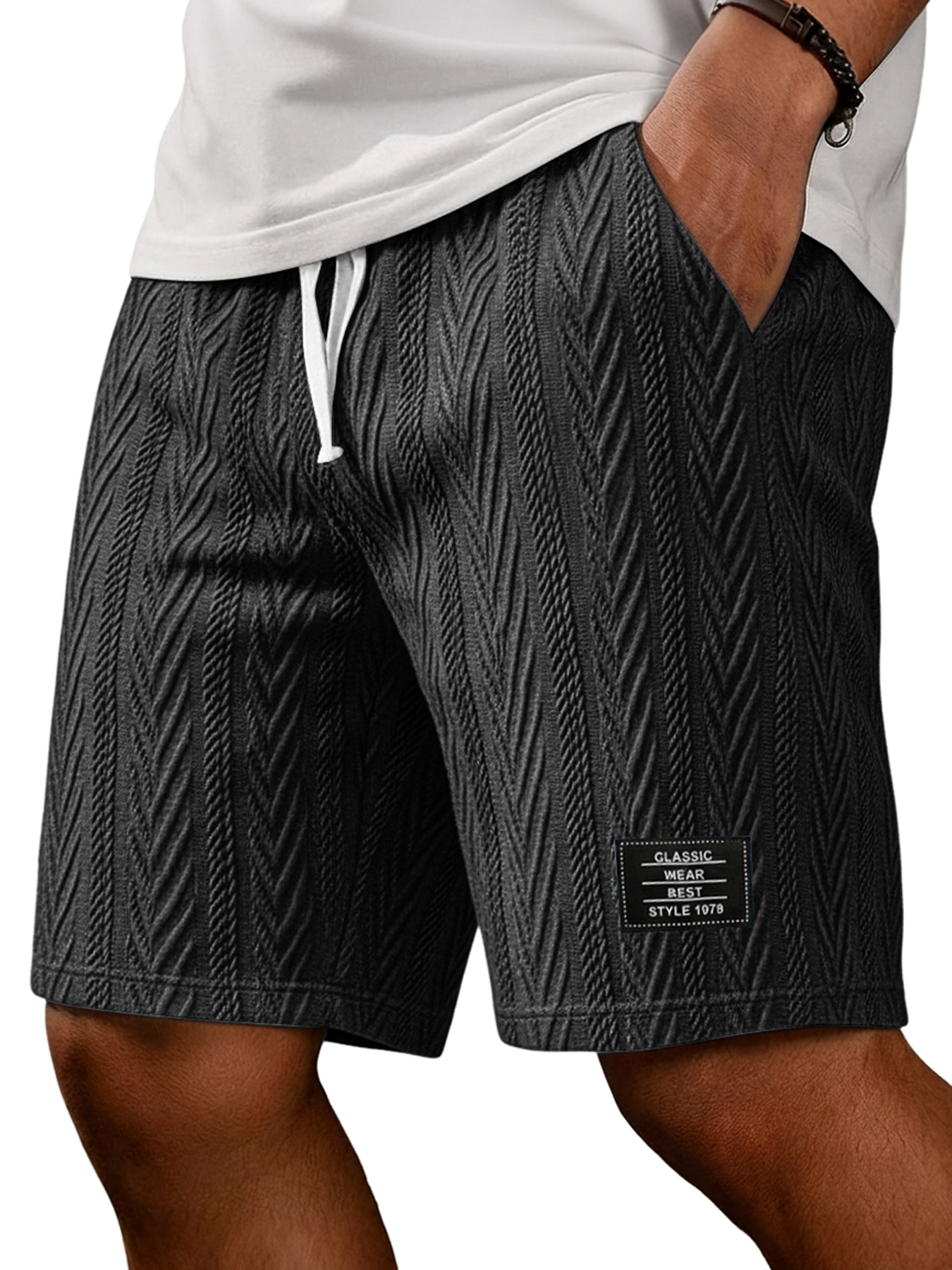 Men's Fashion Textured Embroidered Logo Casual Loose Shorts
