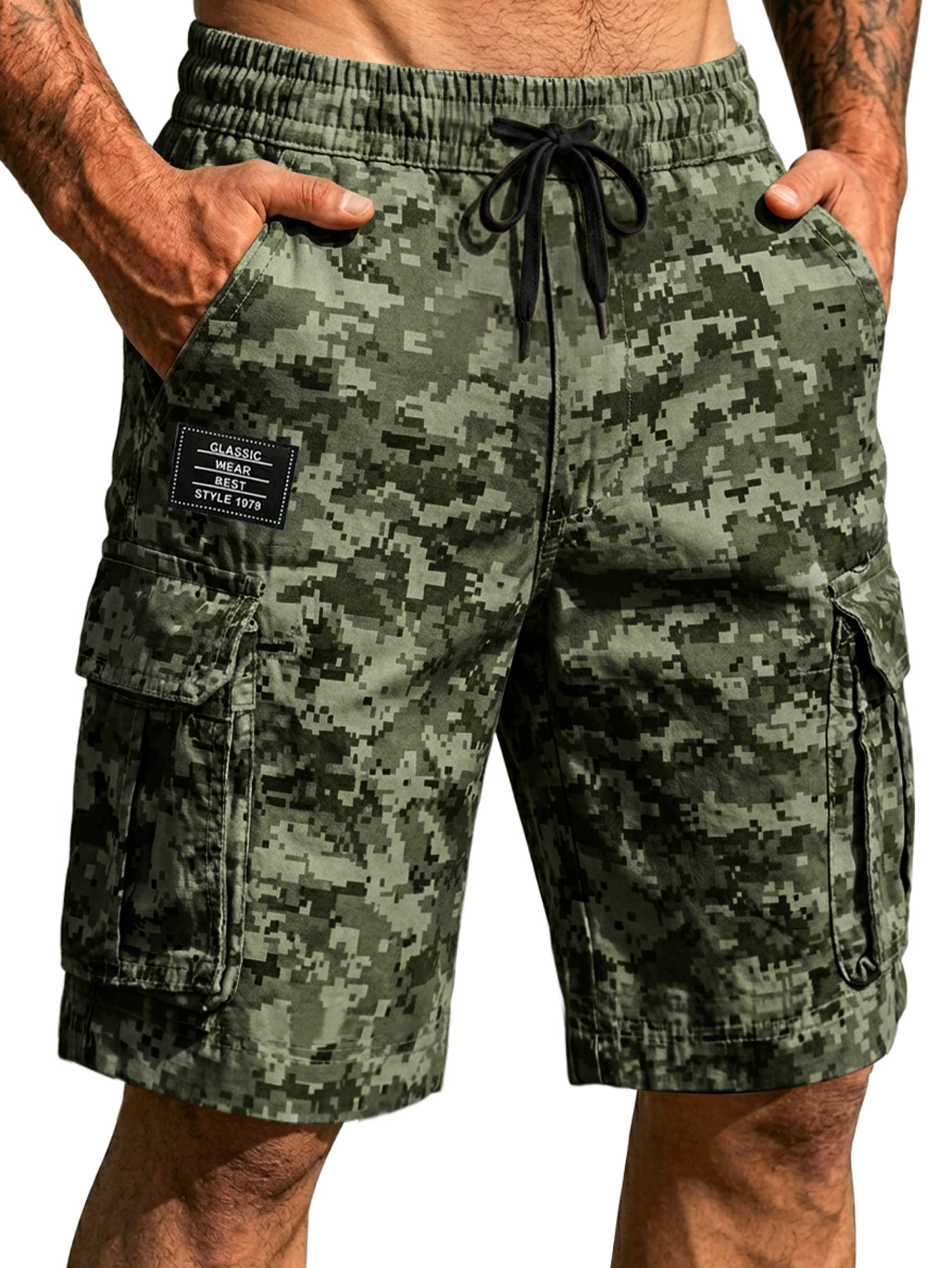 Men's Pixel Camouflage Multi-pocket Embroidered Logo Casual Work Shorts