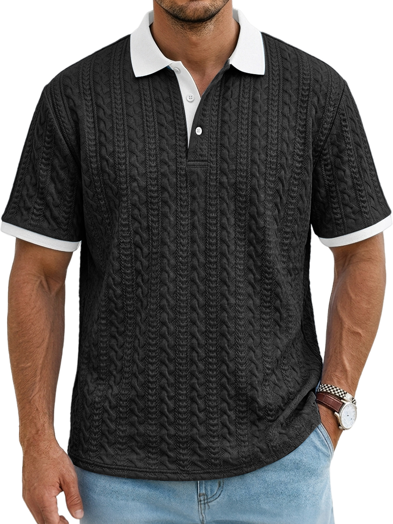 Men's Textured Collar Button-Up Casual Comfort Short-Sleeve Polo Shirt