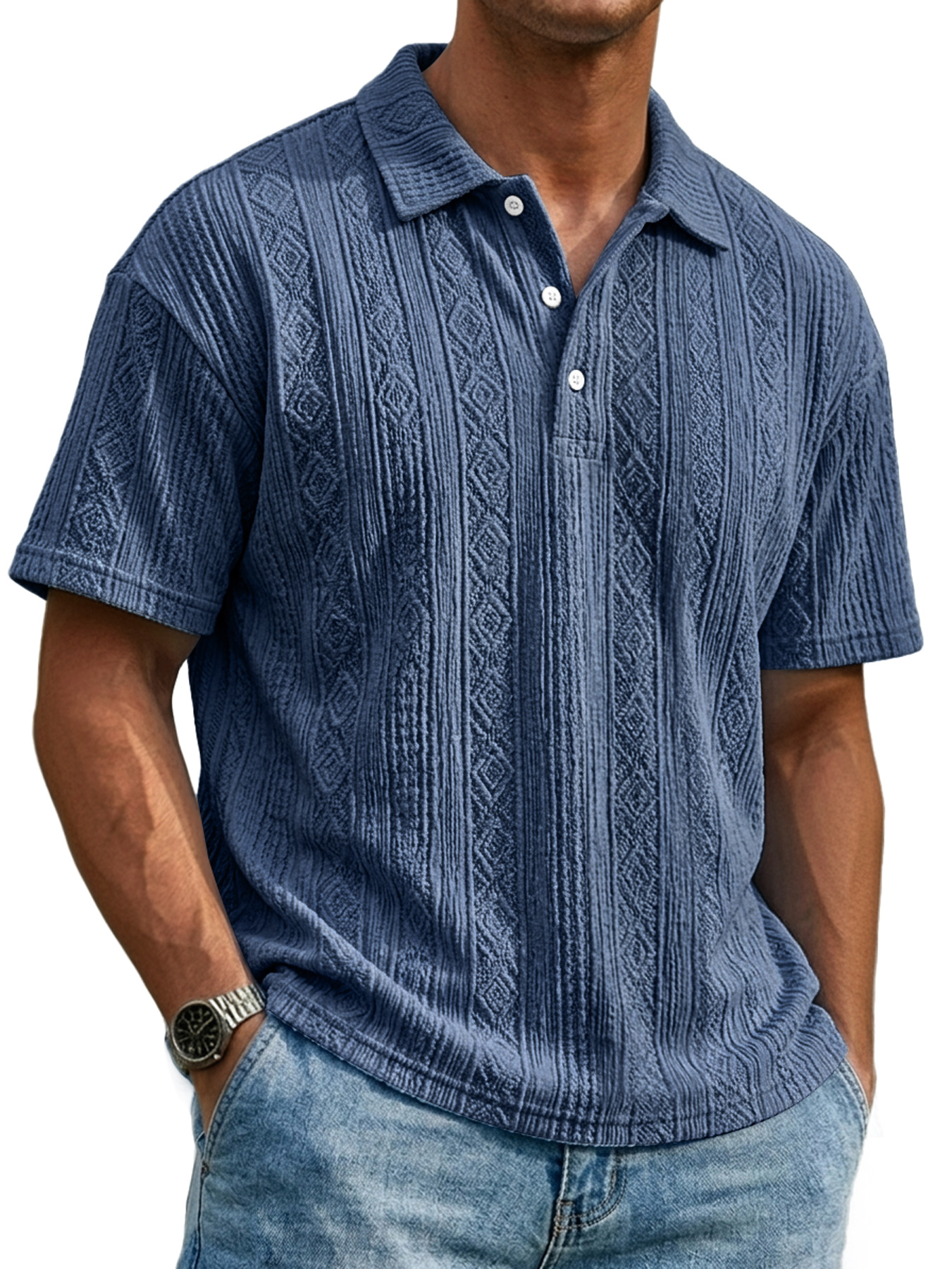 Men's Everyday Textured Collar Button-down Casual Short-sleeved Polo Shirt