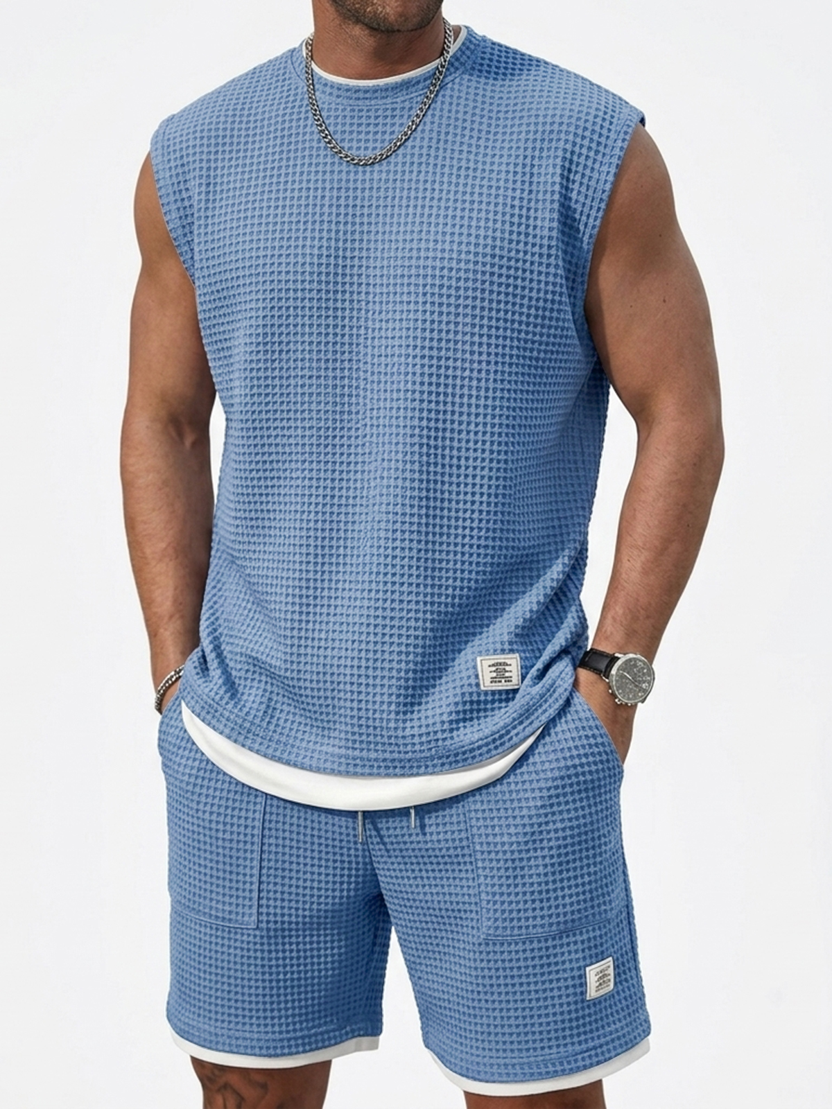 Stylish And Casual Waffle Fabric Vest And Shorts Two-piece Set