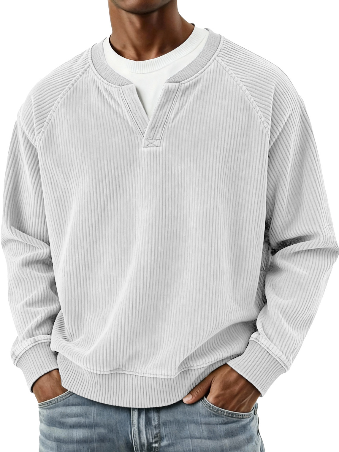 Men's Fashionable Casual Vertical Striped Corduroy Fabric Faux Two-piece Long-sleeved Top