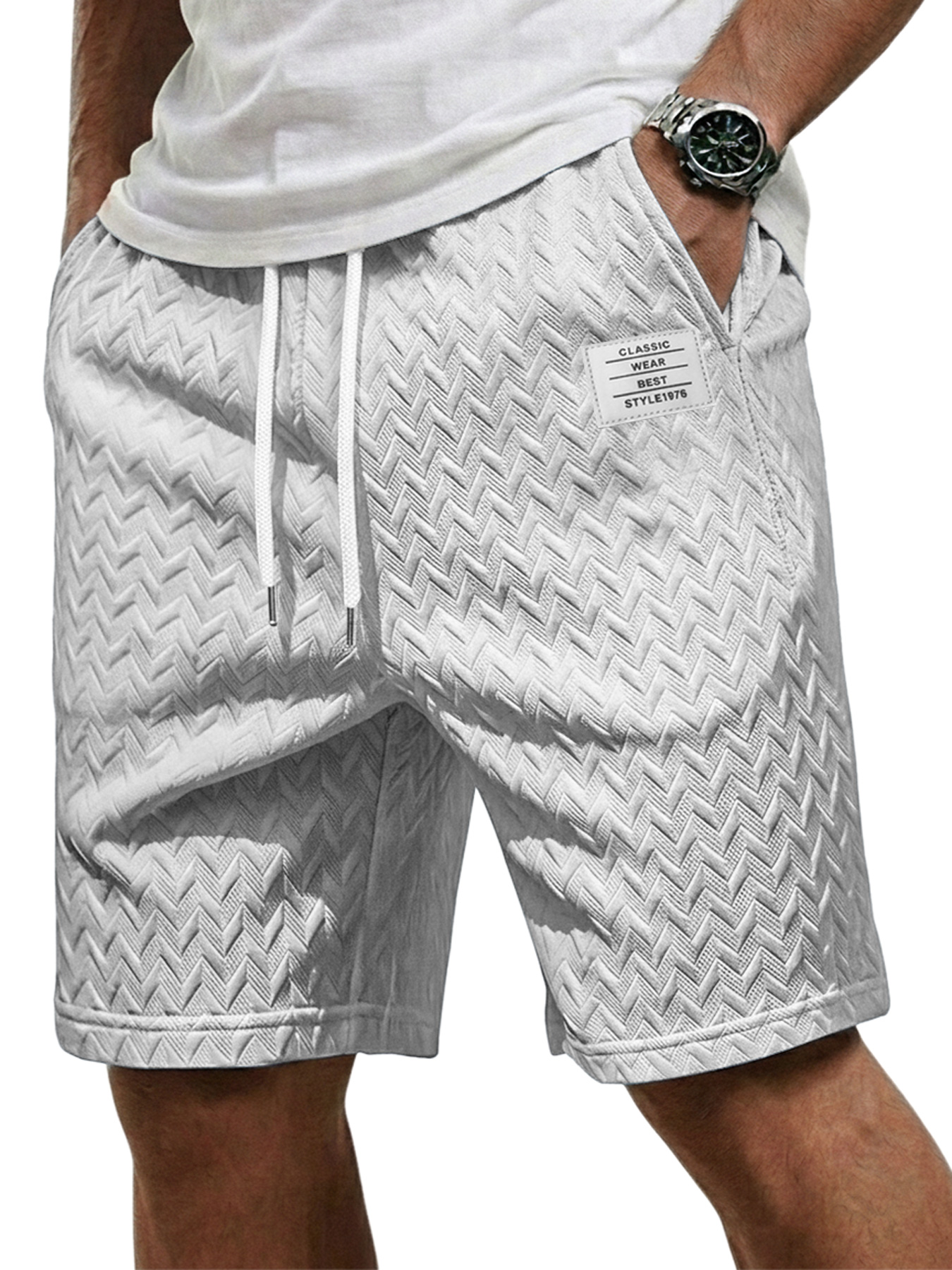 Men's Casual Jacquard Textured Embroidered Logo Elastic Waist Shorts