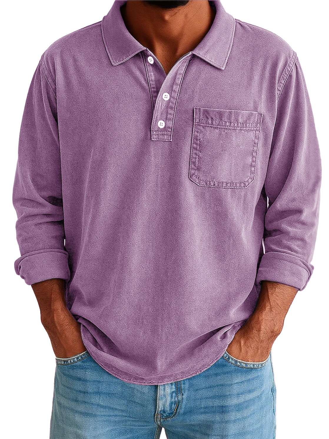 Men's Stylish Vintage Washed And Distressed Lapel Long-sleeved Polo Shirt With Pockets