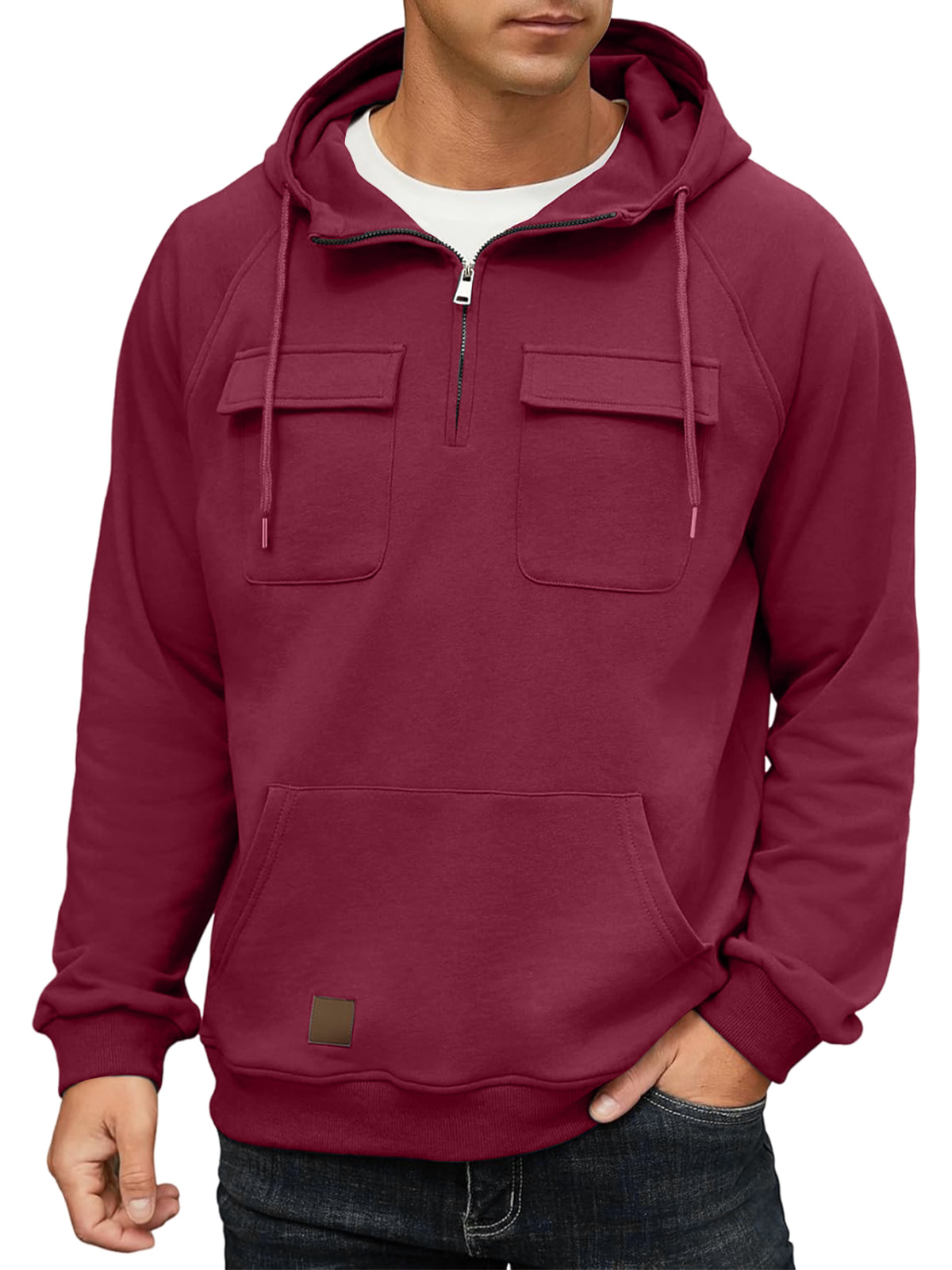Men's Casual Hooded Zippered Double Pocket Solid Color Sweatshirt