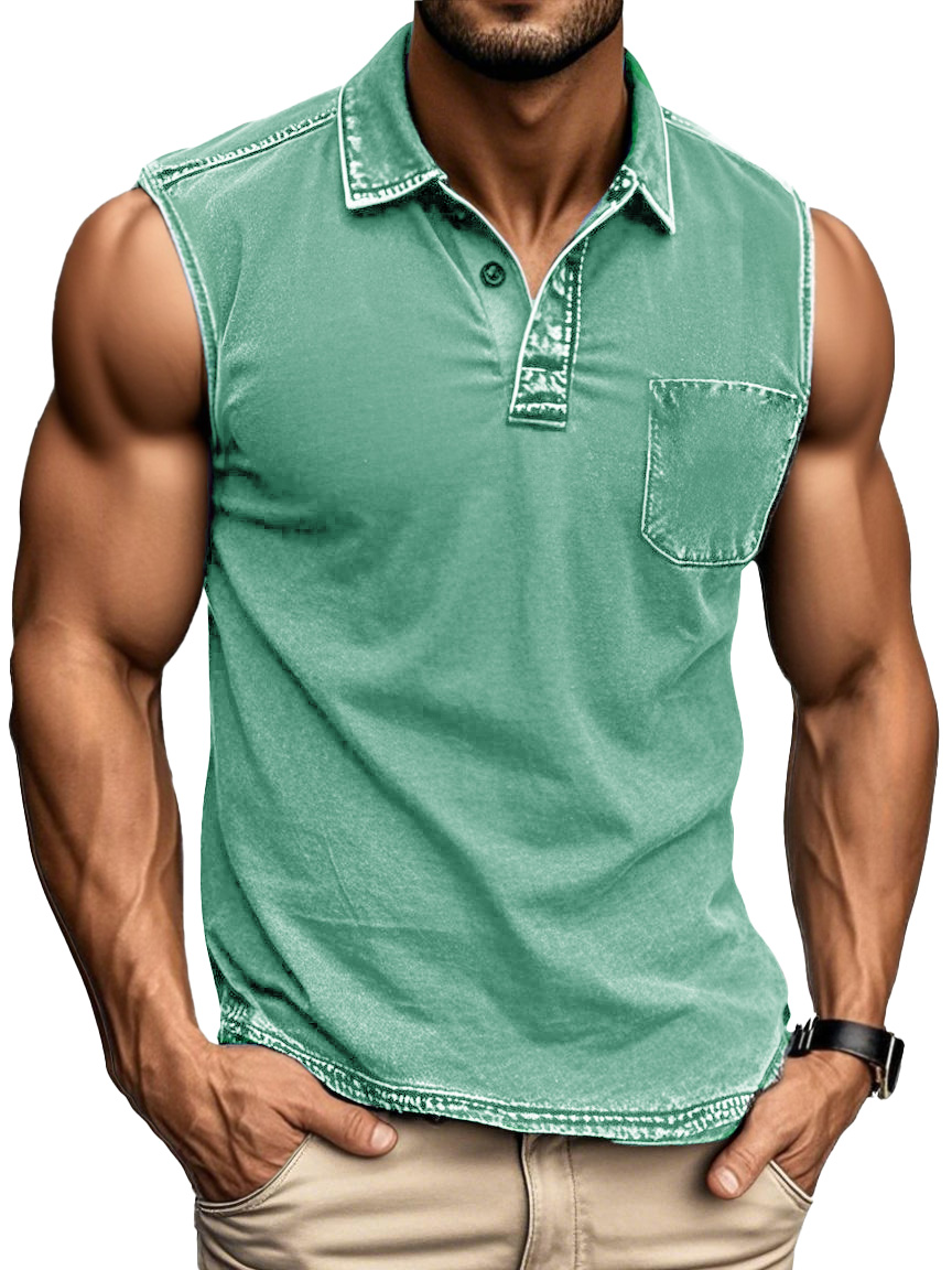 Men's Fashion Daily Distressed Fabric Pocket Sleeveless Polo Shirt