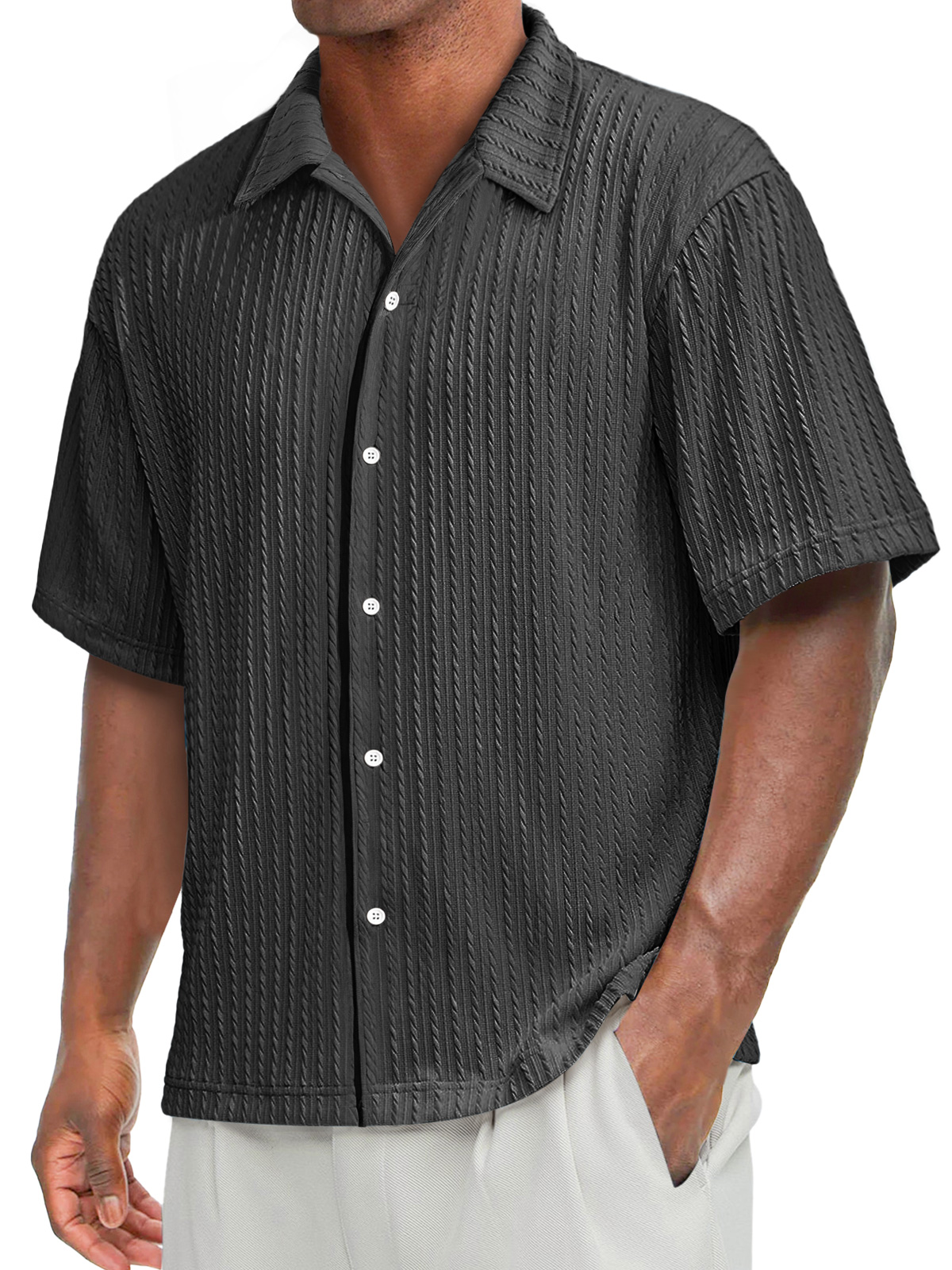 Men's Daily Texture Casual Lapel Solid Color Comfortable Short-sleeved Shirt