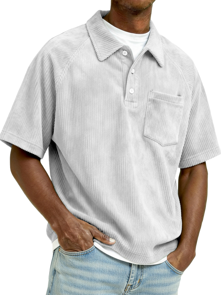 Men's Retro Raglan Corduroy Loose Pocket Short-Sleeve Polo Shirt