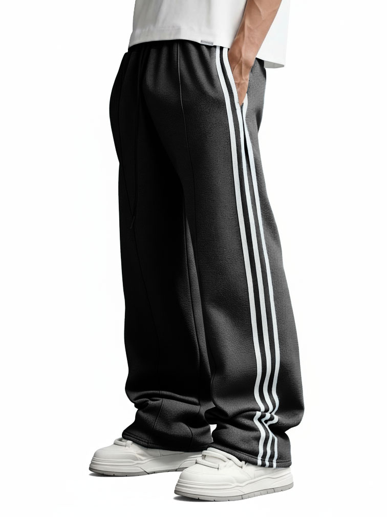 Men's Fashion Retro Striped Patchwork Loose Drawstring Belt Pocket Trousers
