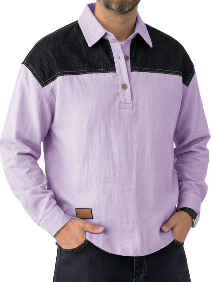 Men's Fashionable Casual Patchwork Collared Loose Long-Sleeve Polo Shirt