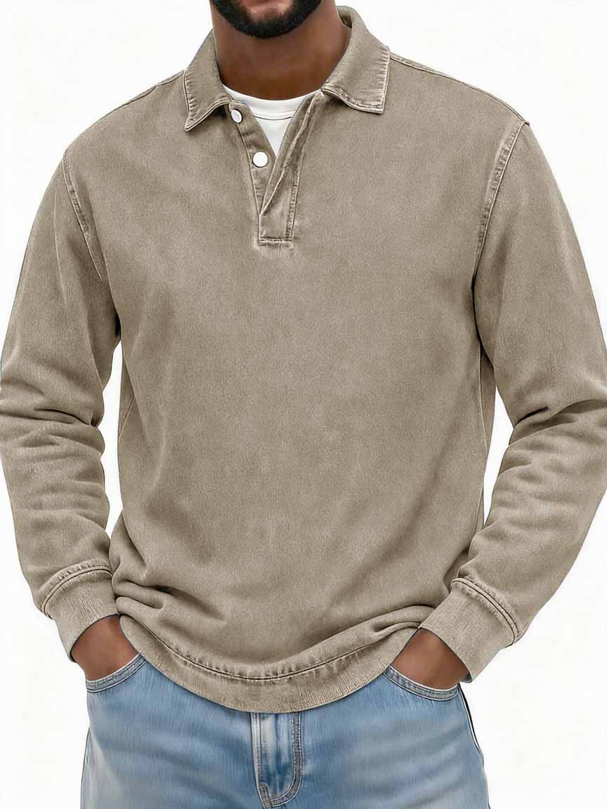 Men's Stylish Vintage Washed And Distressed Fabric Long-sleeved Polo Shirt With A Double-layer Placket And A Design Lapel