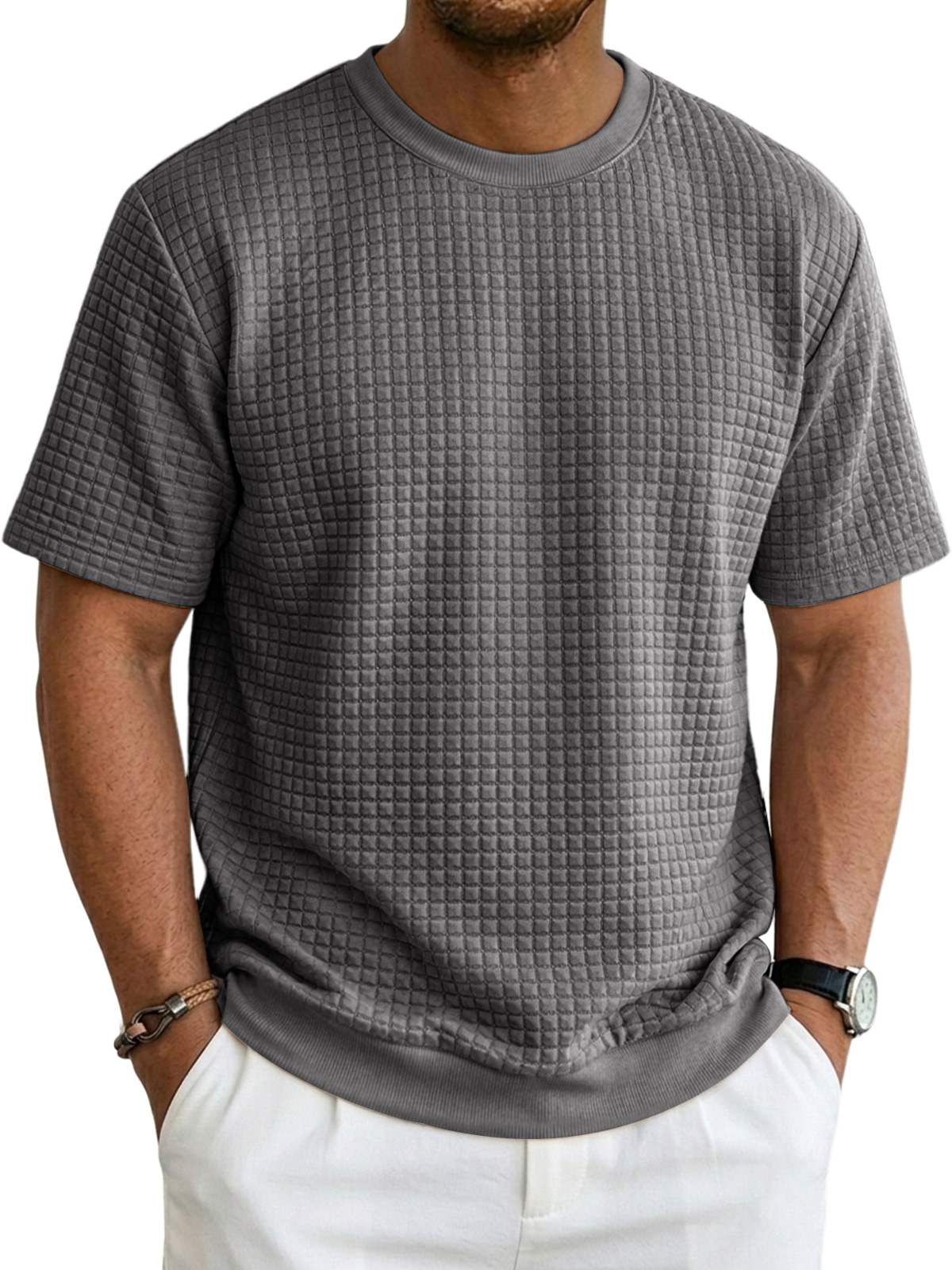 Men's Casual Waffle Knit Crew Neck Comfortable Short Sleeve T-Shirt