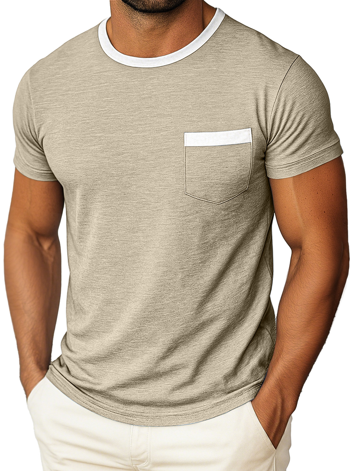 Men's Daily Round Neck Color Matching Pocket Casual Short Sleeve T-shirt