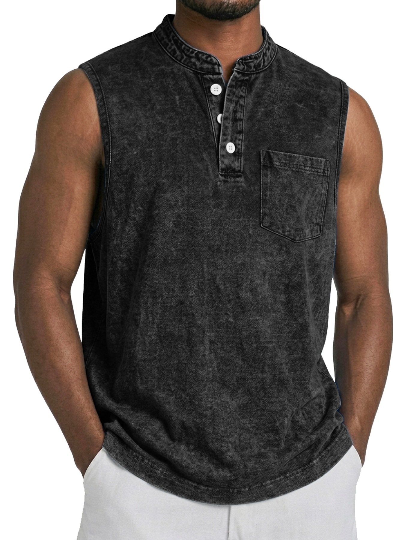Men's Retro Stand Collar Button Casual Pocket Sleeveless Vest