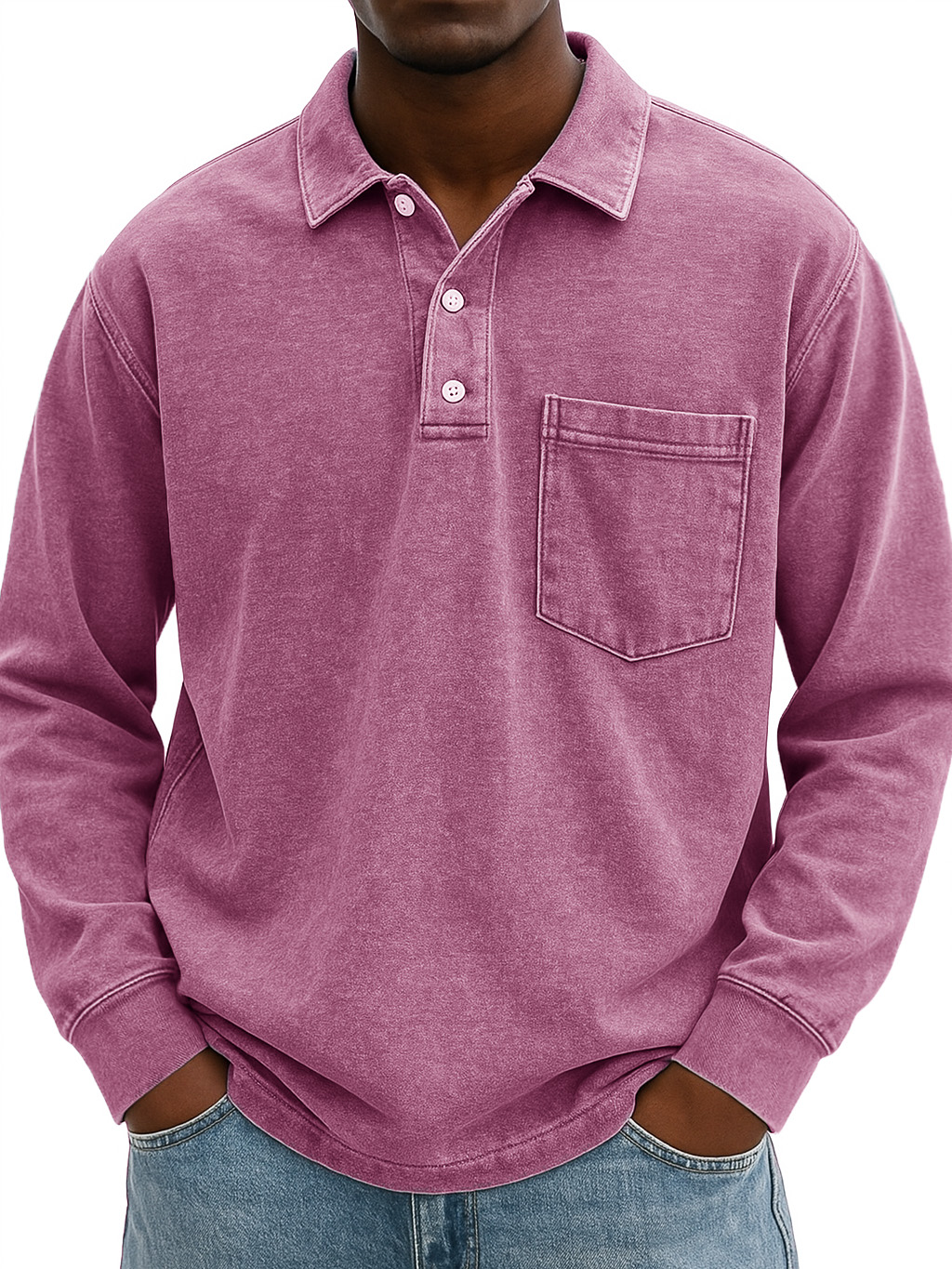 Men's Stylish Vintage Distressed Pocket Lapel Long-sleeved Polo Shirt