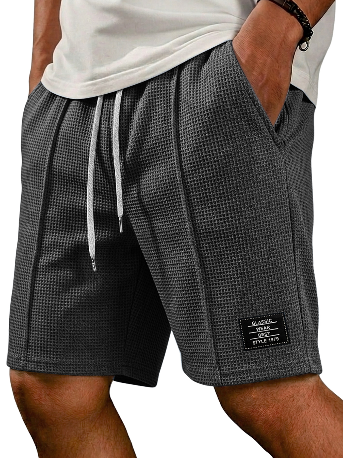 Men's Waffle Embroidered Logo Casual Solid Color Shorts