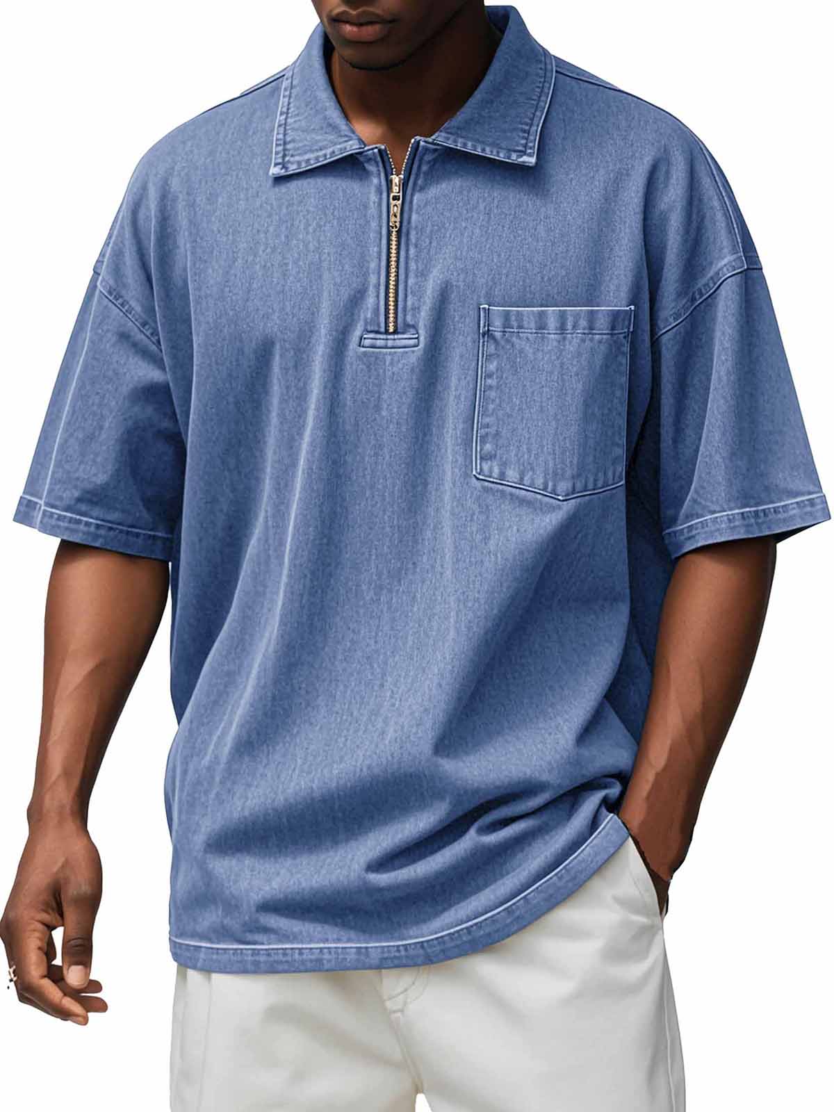 Men's Retro Distressed Zip Pocket Short Sleeve Polo Shirt