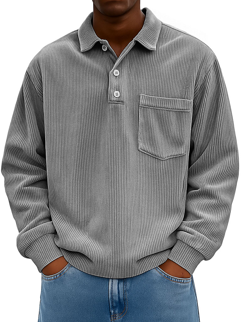 Men's Clothing Fashionable Casual Retro Lapel Corduroy Pit Strip Fabric Long-sleeved Pocket Polo Shirt