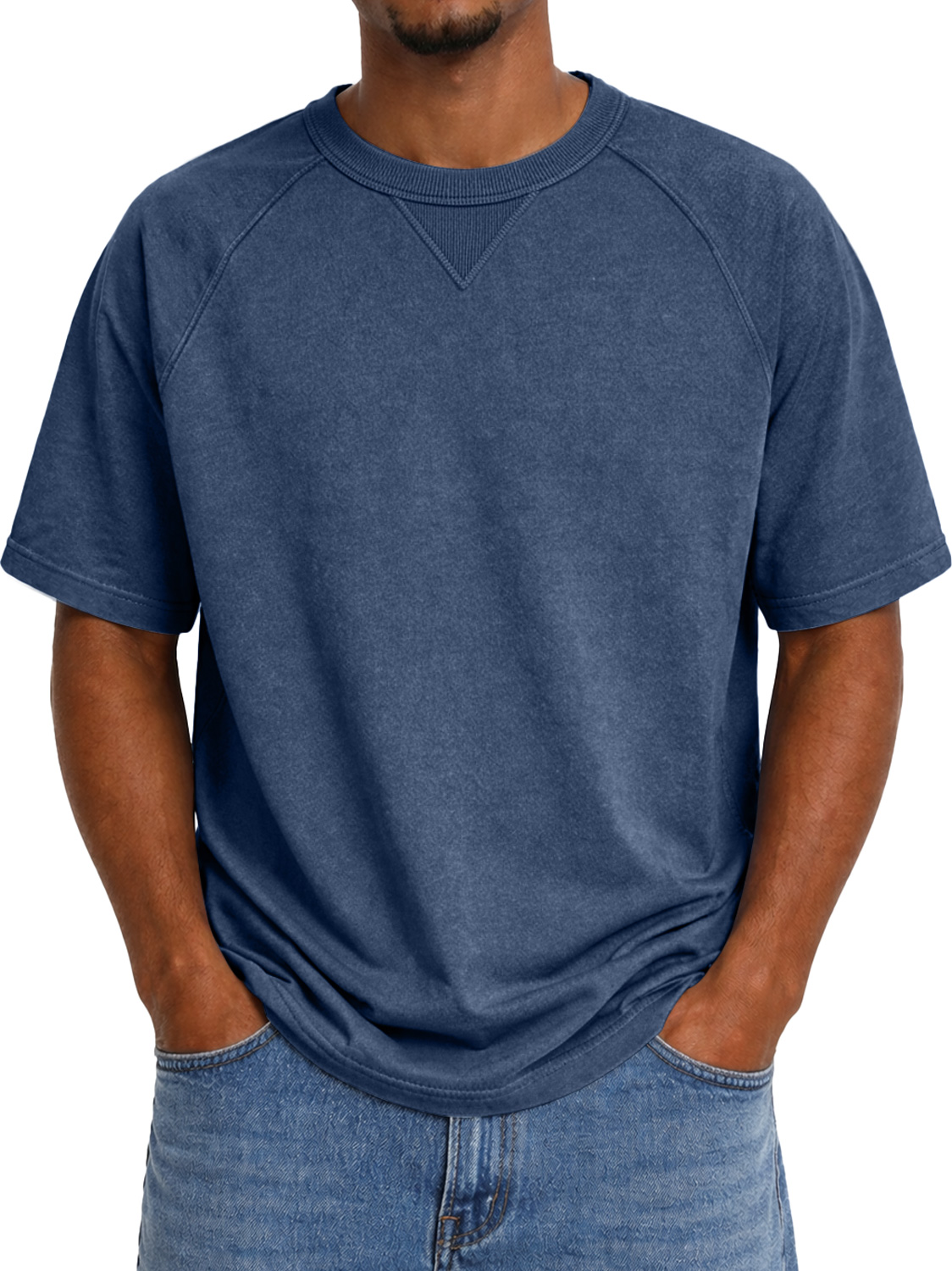 Men's Crew Neck Raglan Short-sleeved T-shirt With Inverted Triangle Design