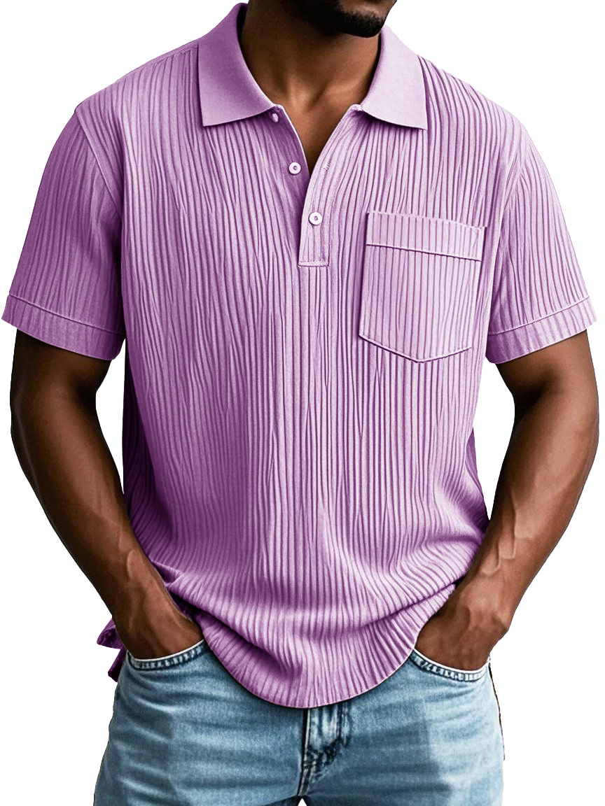 Men's Fashion Casual Striped Fabric Pocket Short Sleeve Lapel Polo Shirt