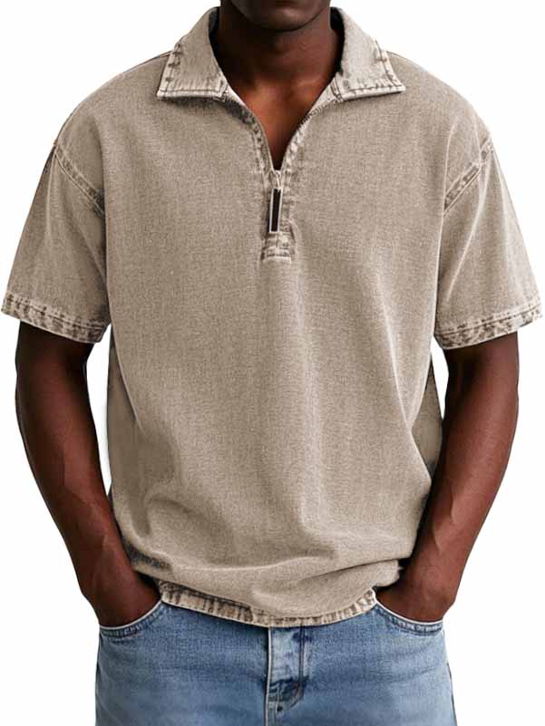 Men's Retro Distressed Zip Short Sleeve Polo Shirt