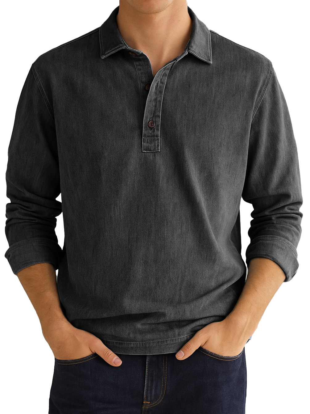 Men's Stylish Vintage Distressed Lapel Long-sleeved Polo Shirt