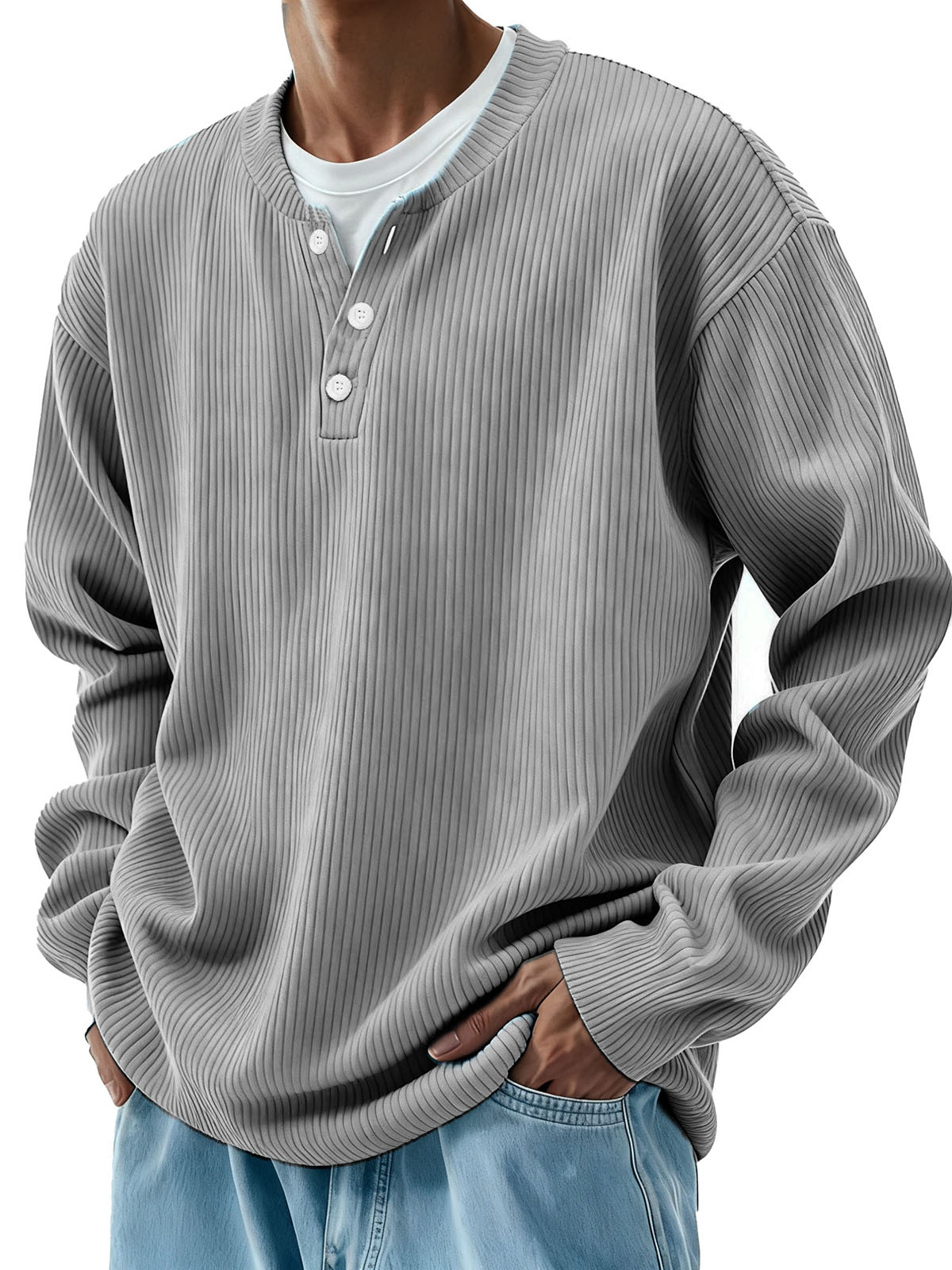 Men's Clothing Fashionable Casual Pit Strip Fabric Three-button Long-sleeved Henry Shirt
