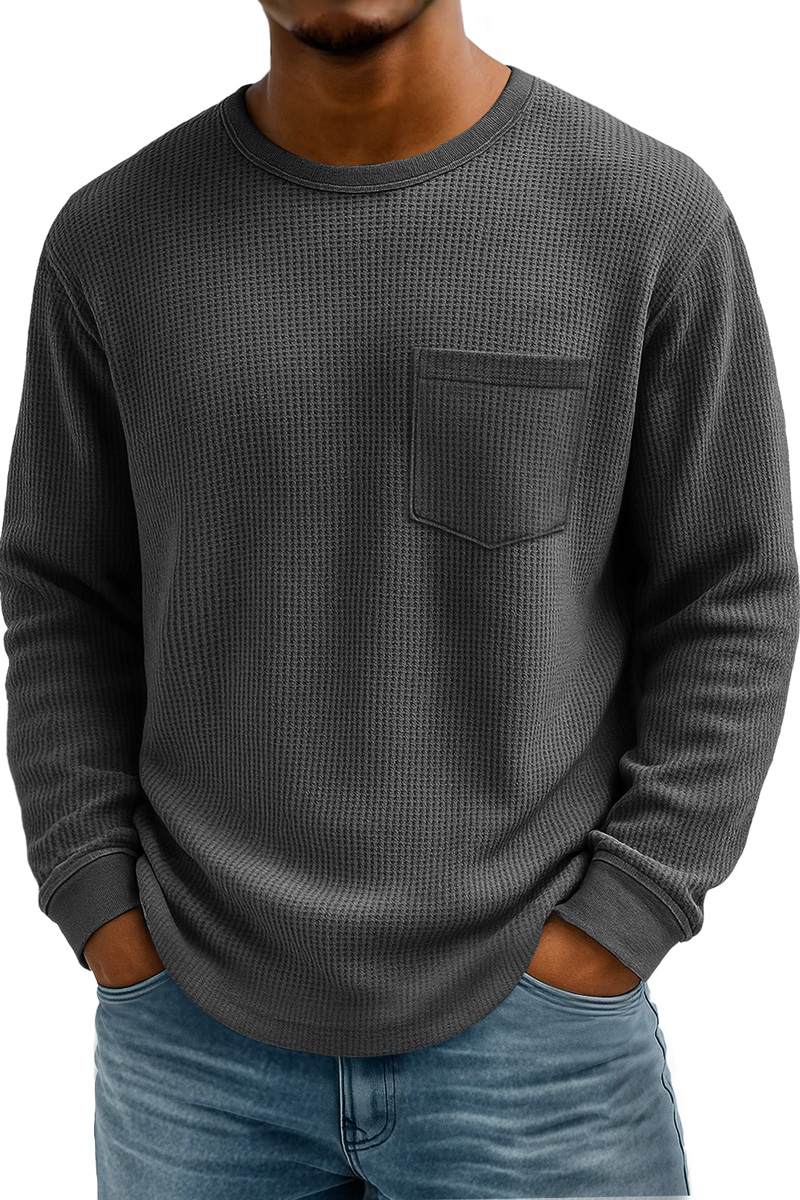 Men's Waffle Casual Crew Neck Pocket Long Sleeve T-Shirt