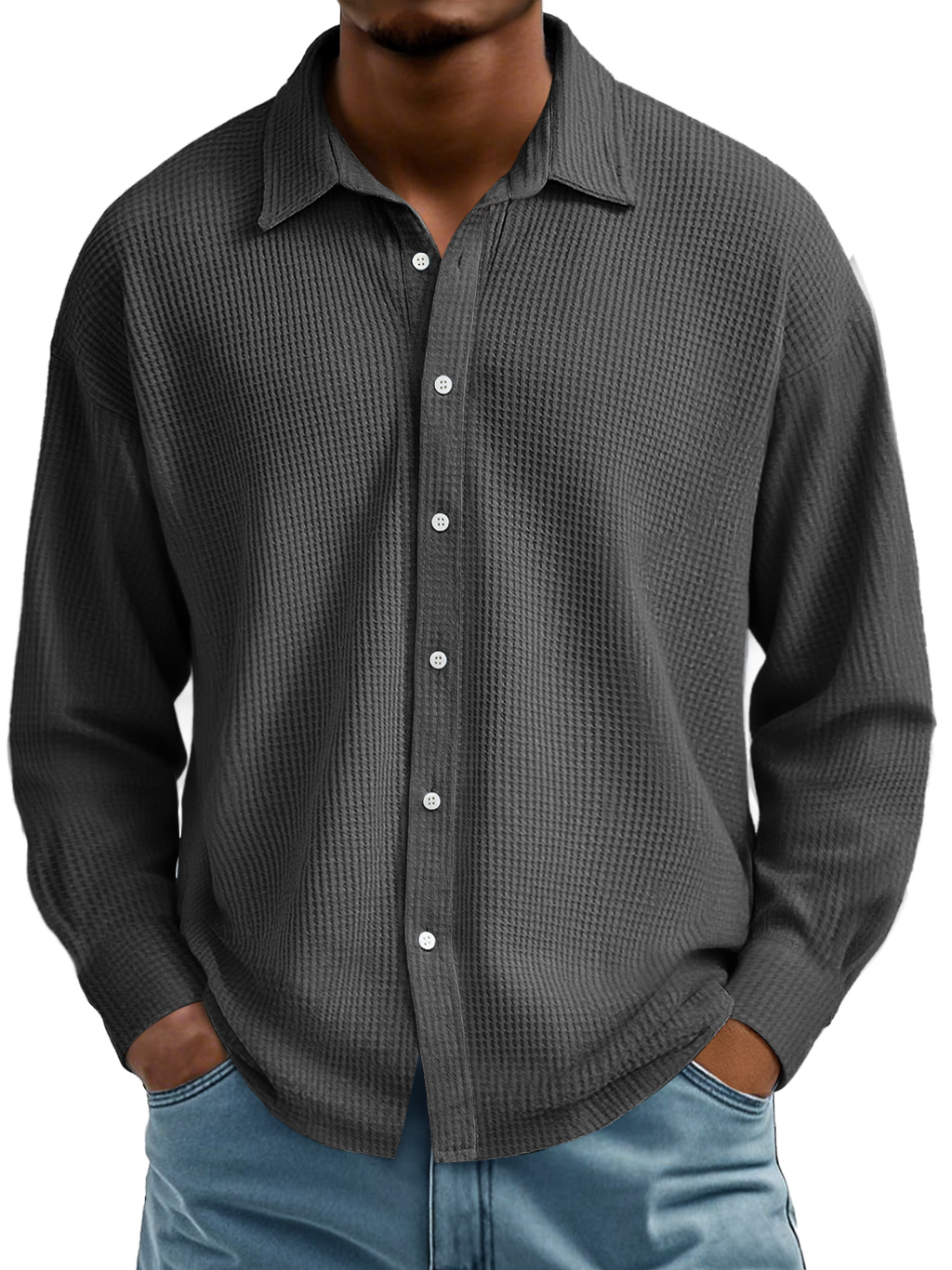 Men's Waffle Lapel Casual Comfort Long Sleeve Shirt