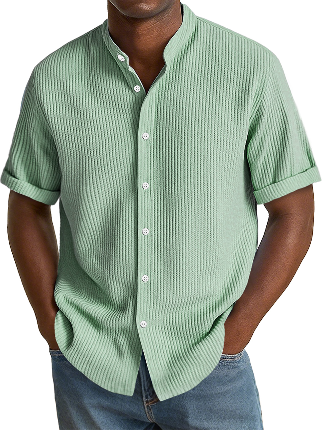 Men's Daily Texture Fabric Casual Stand Collar Solid Color Short Sleeve Shirt