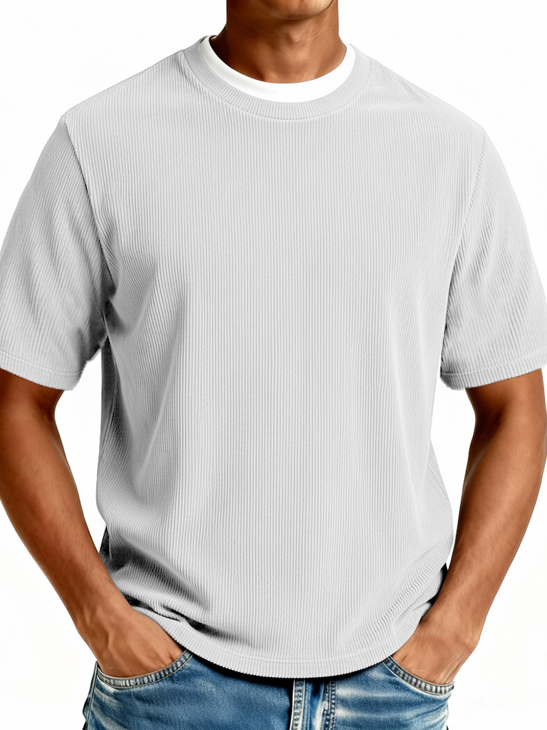 Men's Fashionable Casual Ribbed Fabric Faux Two-Piece Short-Sleeve Crew Neck T-Shirt