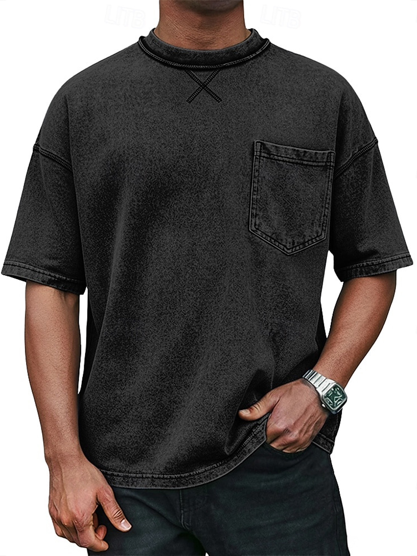 Men's Retro Crew Neck Crossover Design Casual Pocket Short-Sleeve T-Shirt