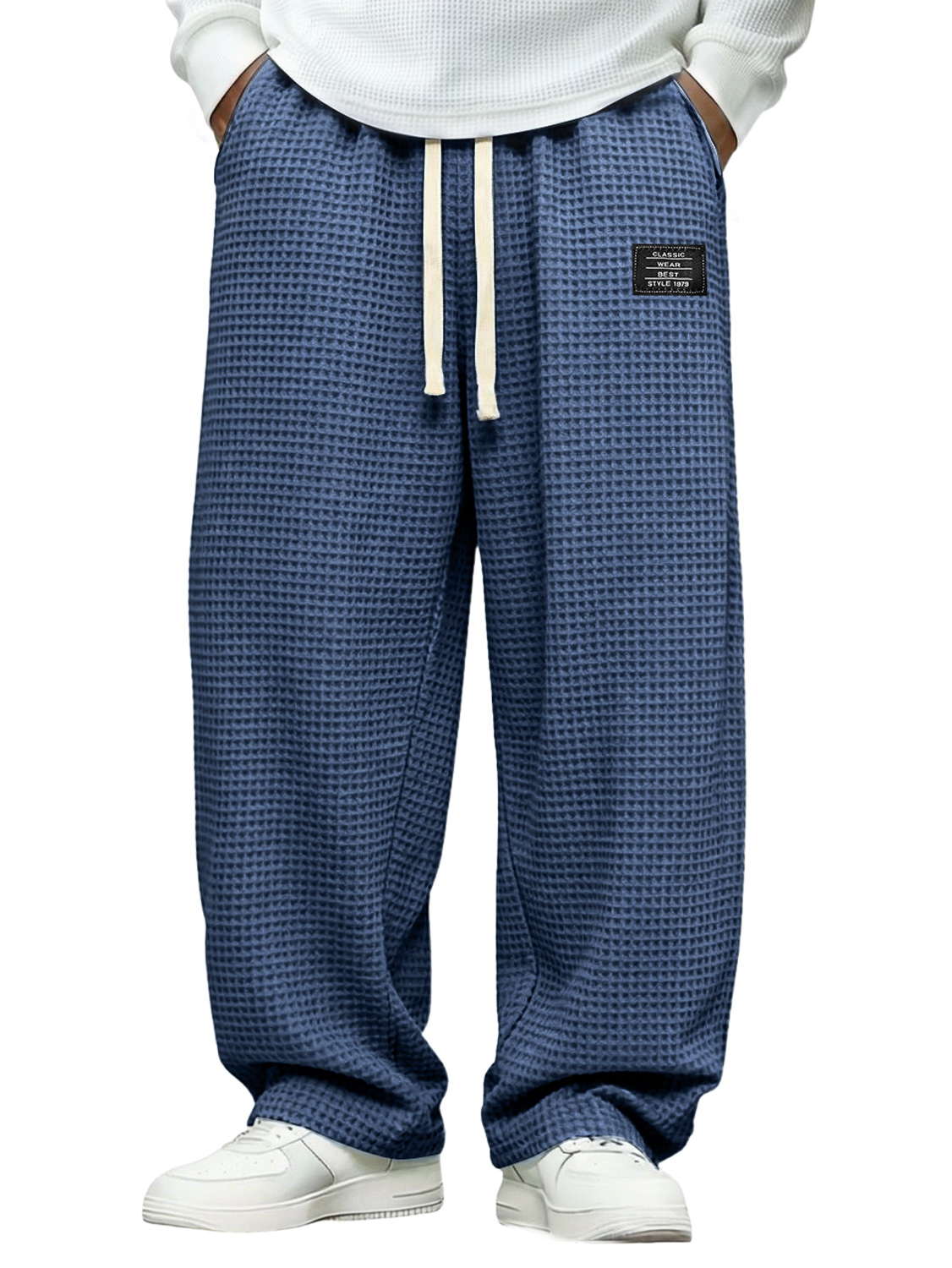 Men's Simple Waffle-knit Casual Loose-fitting Trousers With Embroidered Logo
