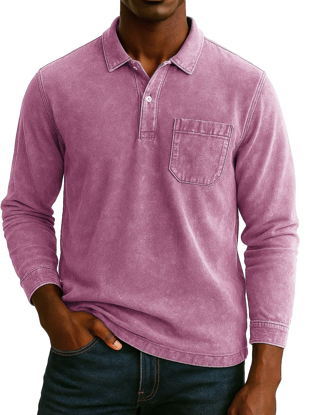 Men's Retro-chic Distressed Pocket Lapel Long-sleeved Polo Shirt