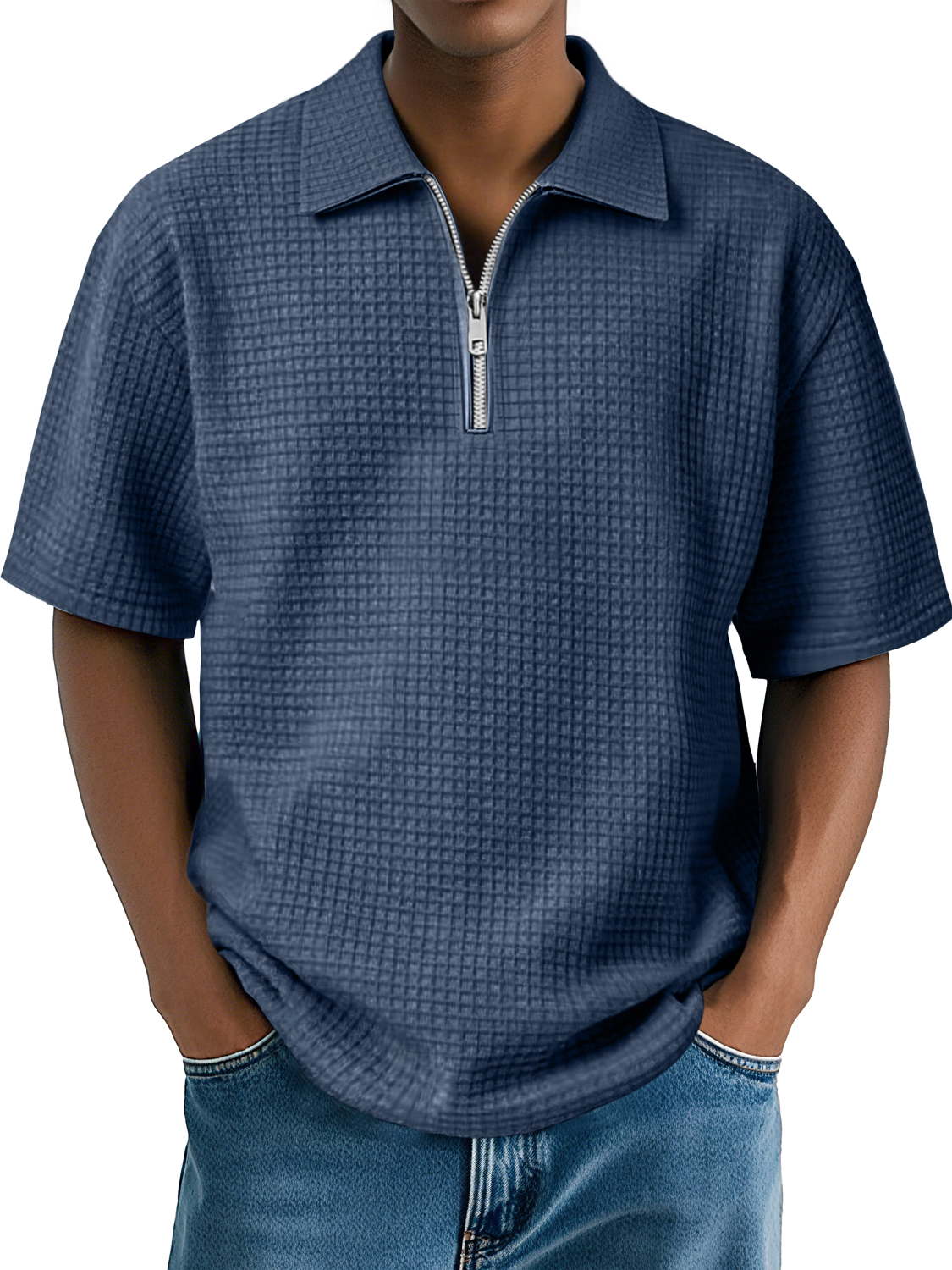 Men's Daily Waffle Lapel Zipper Casual Comfort Short Sleeve POLO Shirt