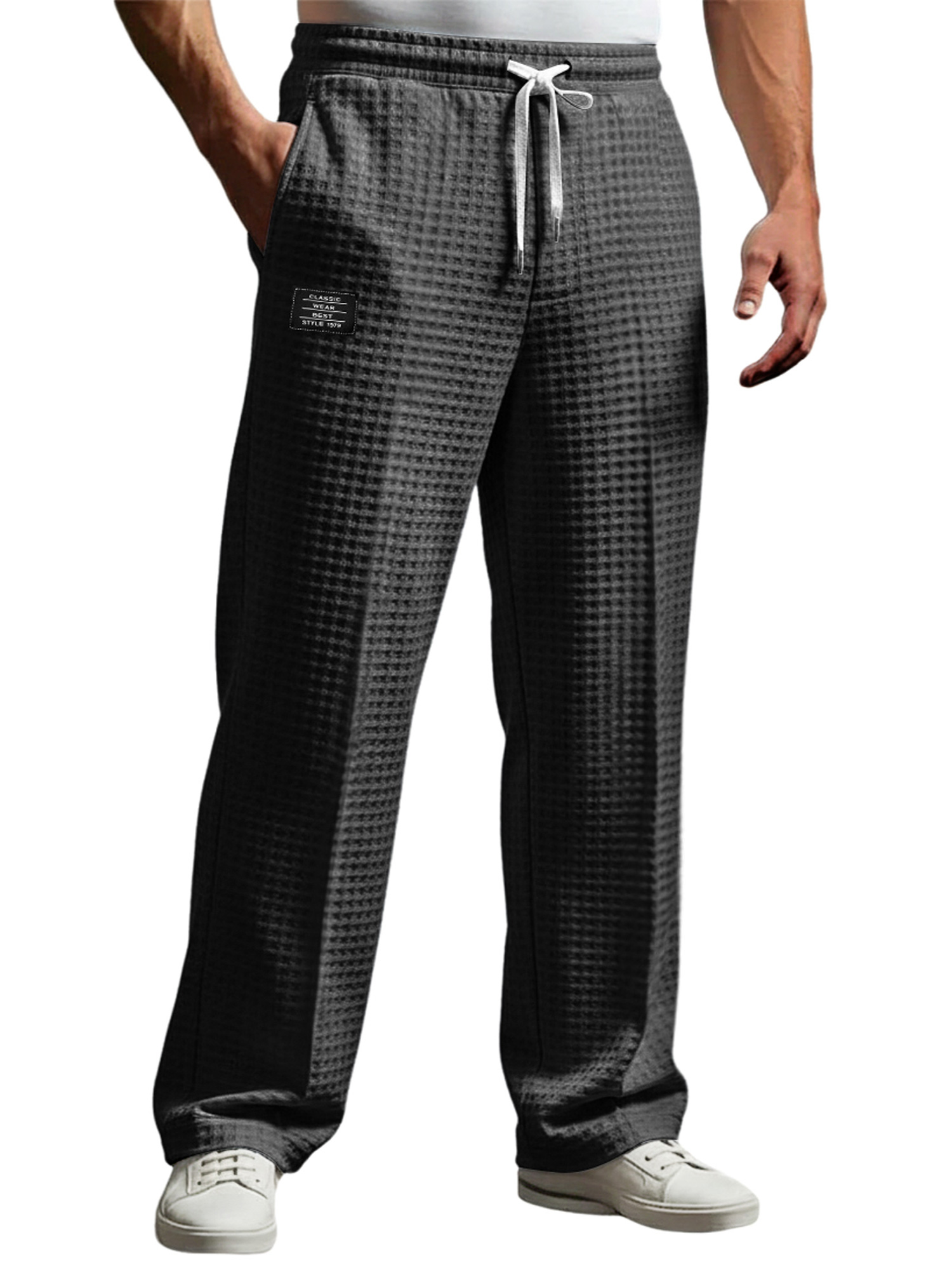 Men's Waffle Embroidered Logo Casual Loose Trousers