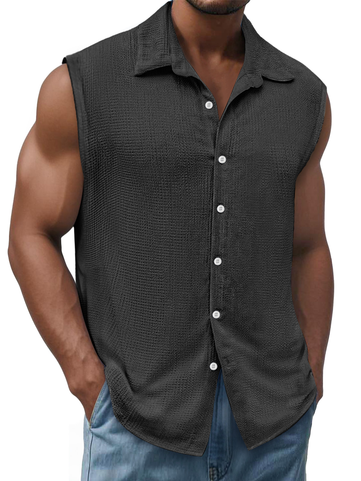 Men's Daily Texture Casual Lapel Solid Color Sleeveless Shirt