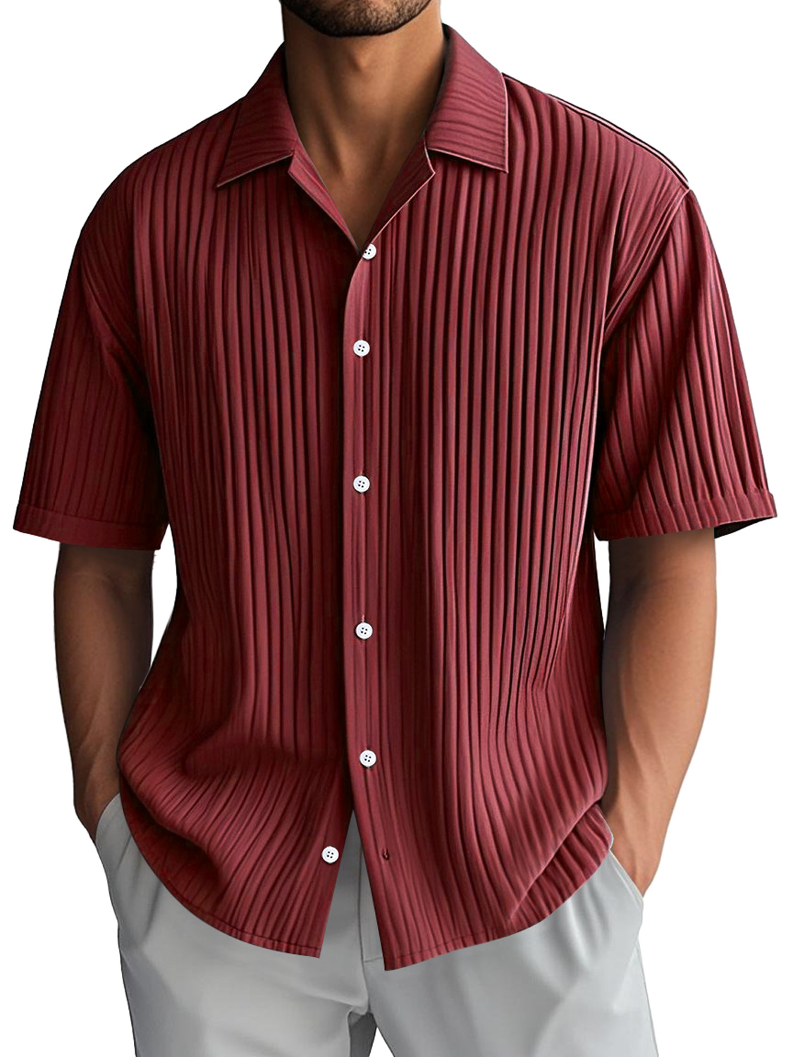 Men's Daily Casual Ribbed Lapel Comfortable Short-sleeved Shirt
