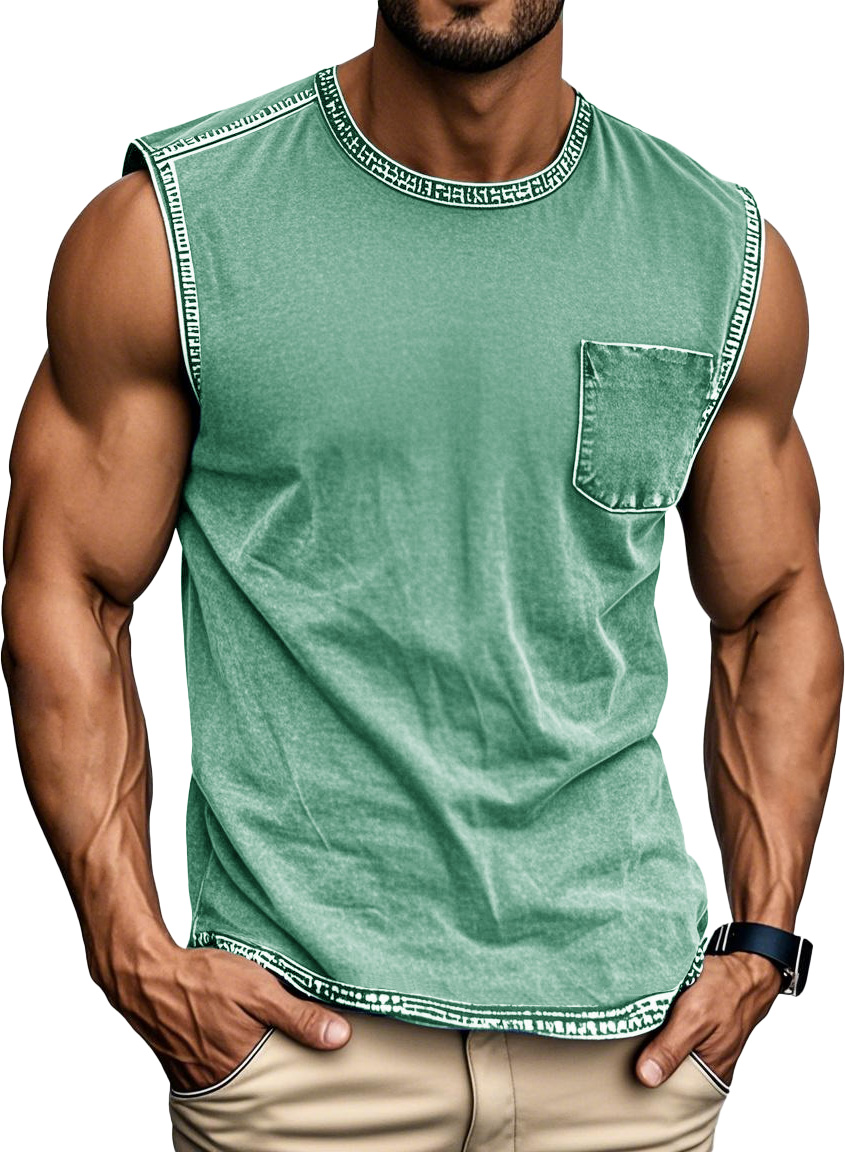 Men's Fashion Retro Distressed Round Neck Pocket Sleeveless T-shirt